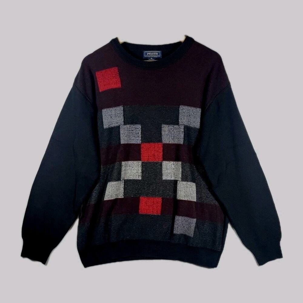 VINTAGE Peletti Sweater Mens XL Grandpa Black Red Gray Check Lana 90s Y2K